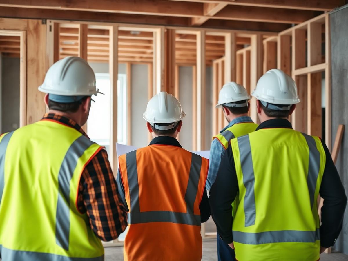 Équipe de chantier examinant des plans de rénovation